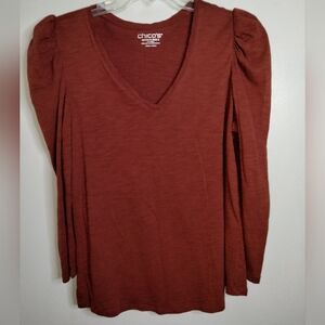 Chico's (Size 2/L/12) Terracotta Rust Cotton Blend V-Neck Puff LS Burnout Shirt